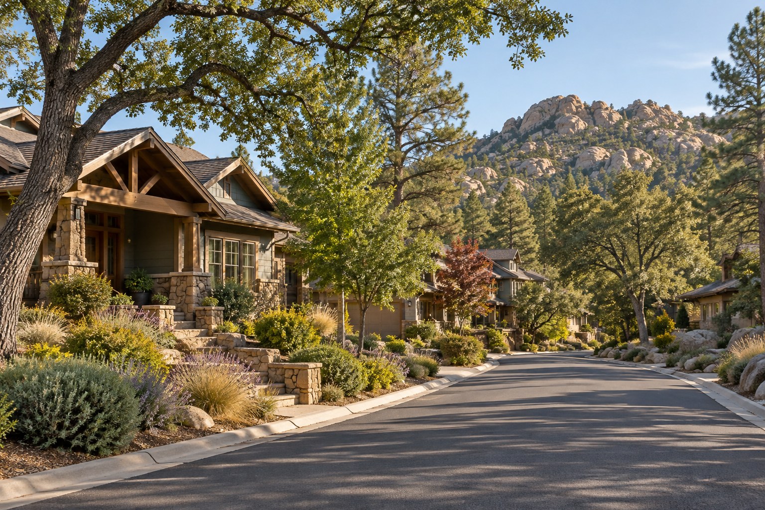 A quiet Prescott street with pines and granite, illustrative