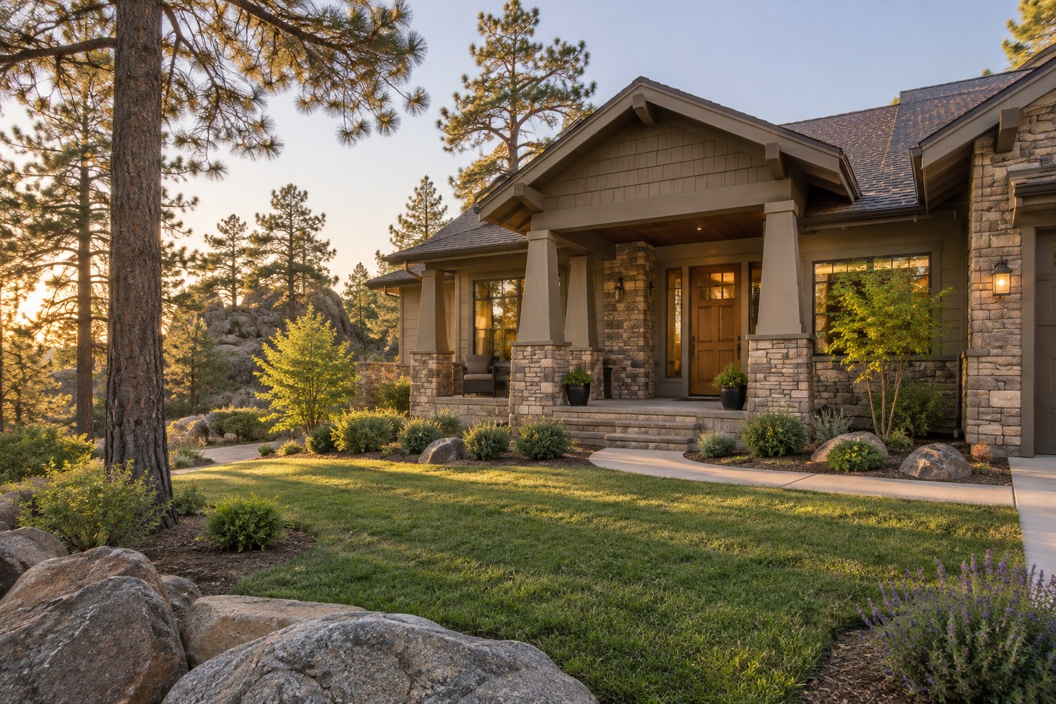 A mountain home among ponderosa pines and granite boulders in warm evening light, illustrative