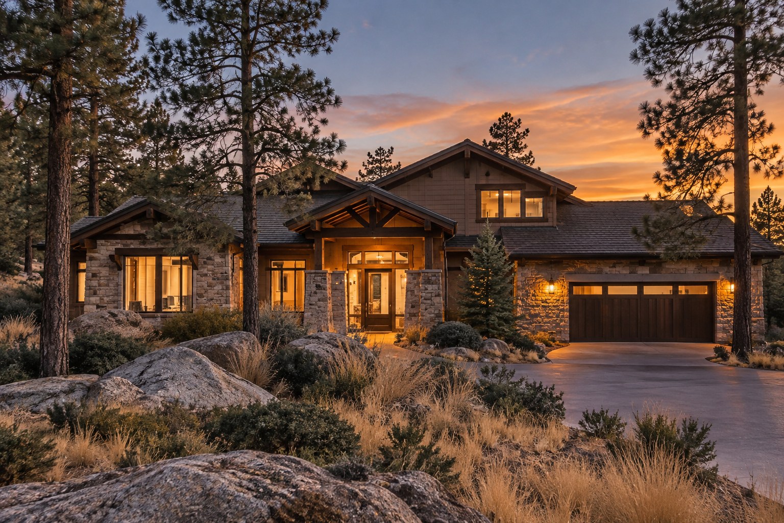 A mountain home at dusk, illustrative